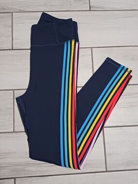 Boden Navy Leggings with Multi-Color Side Stripes Rainbow